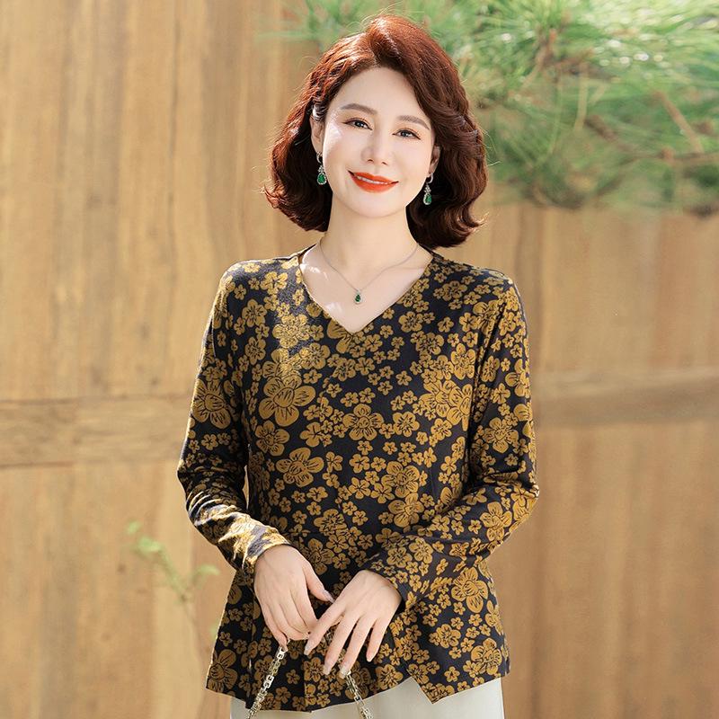 Fashionable Floral V-Neck Blouse for Middle-aged Women - Long-Sleeved Spring Top
