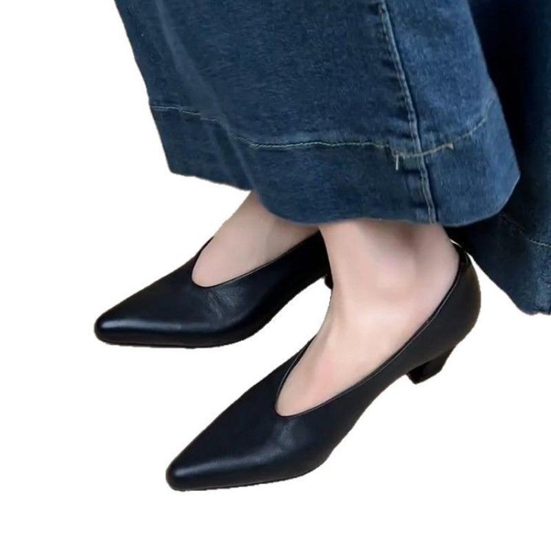 New Black High Heel Dress Shoes for Woman Spring Pointed End Shallow Vintage Office Work Shoes Pumps Zapatos