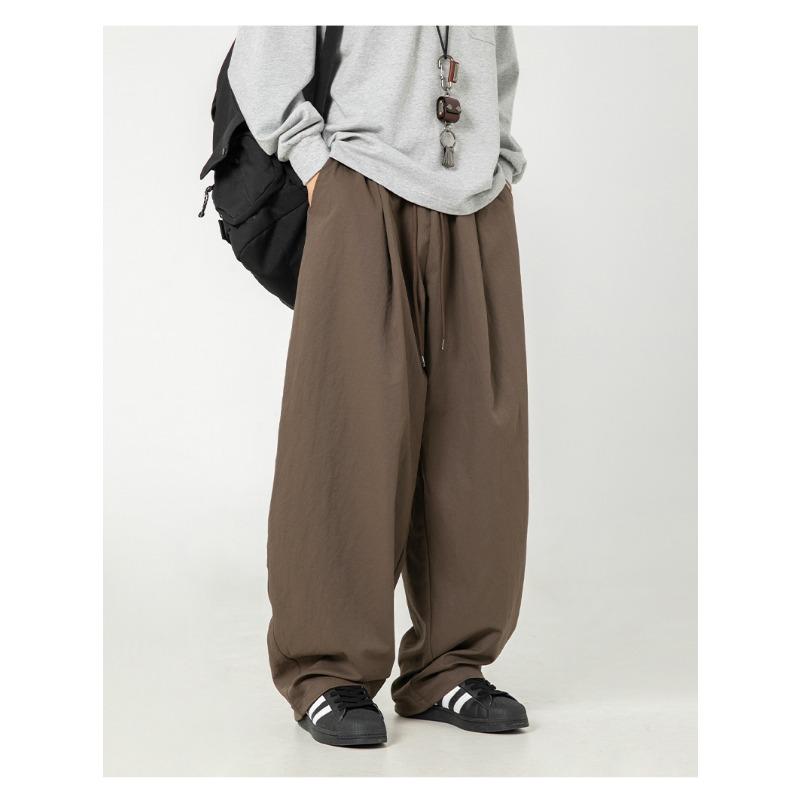 Men S Pleated Loose Straight Leg Casual Trousers Drawstring Waist Retro Pants