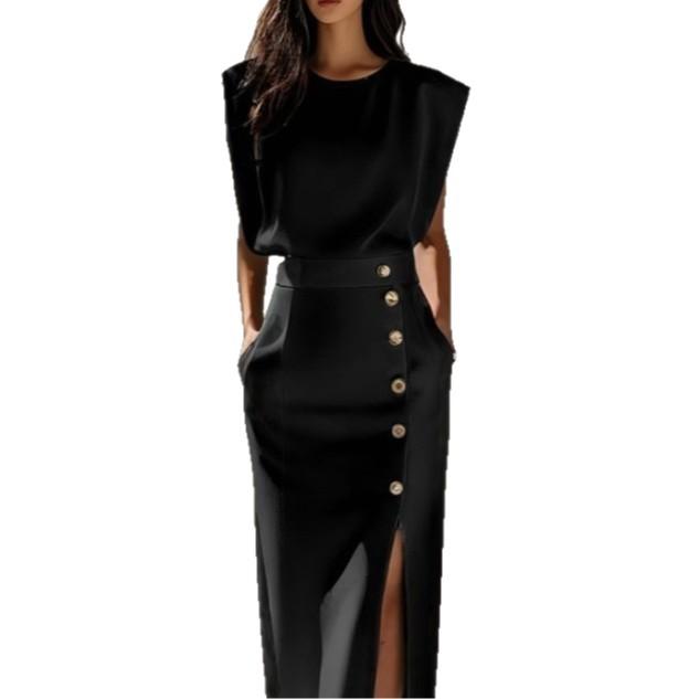 Women's White Sleeveless Blazer Top with Wide Shoulder Pads and Matching Midi Skirt Set