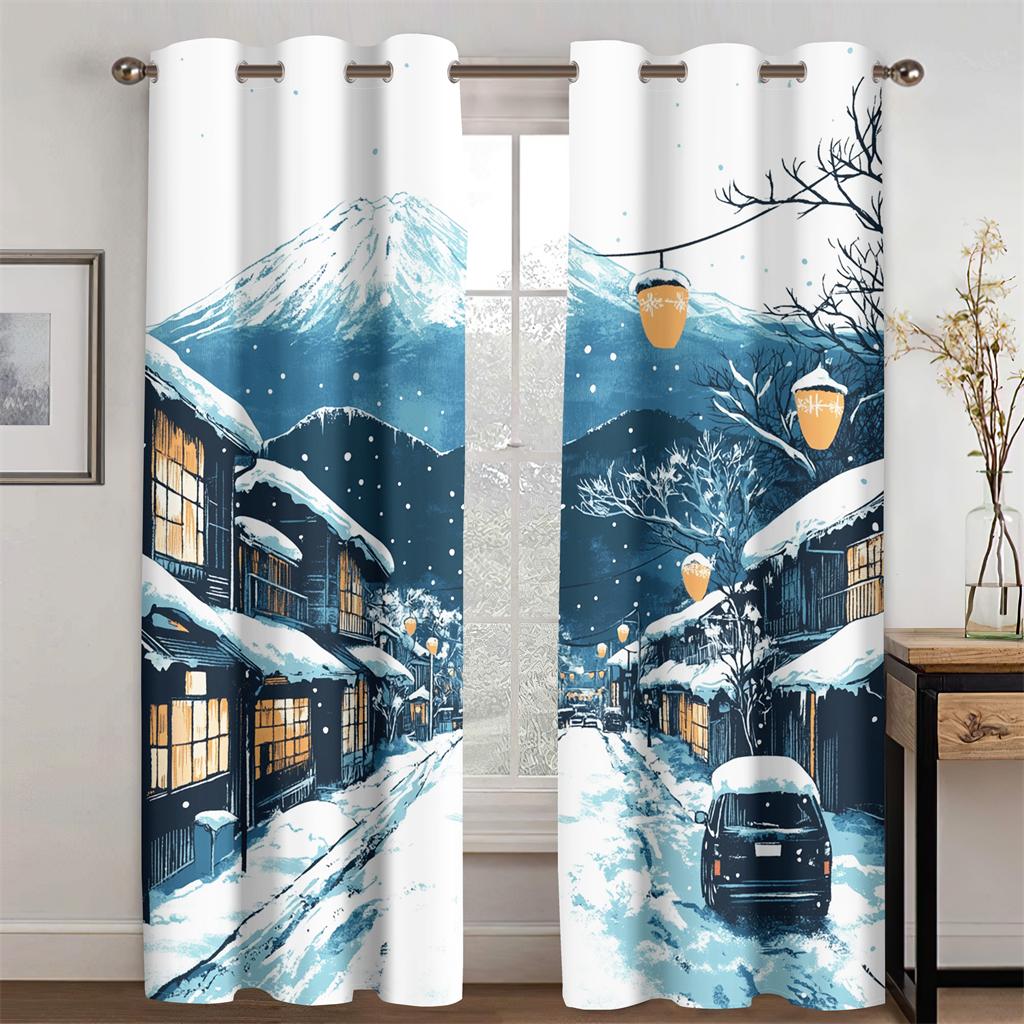 Klassischer Cartoon Berg Fuji Vorhang Schnee Straßen Atmosphäre 2 Paneele Wohnzimmer Schlafzimmer Küche Balkon Fensterdeko