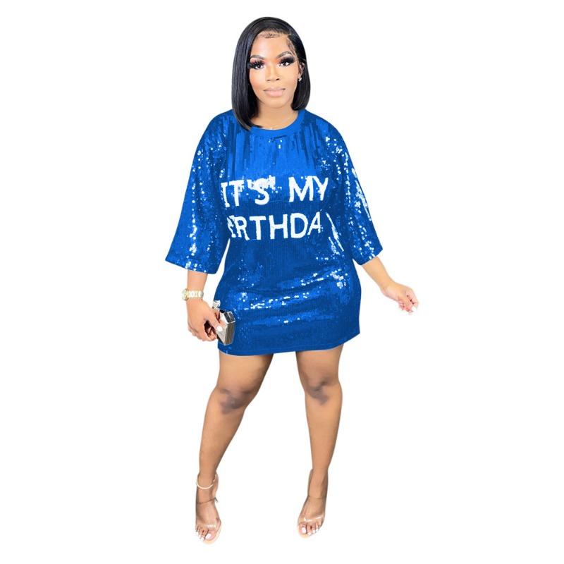 Plus Size Women's Fashion Round Neck Half Sleeve Loose Beaded Printed Nightclub Dress