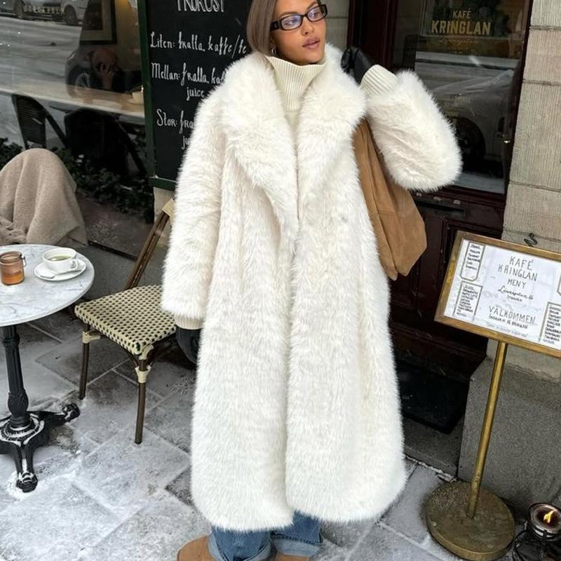New autumn and winter thickened imitation fur coat women's white extended fluffy fox fur coat wind plush fur