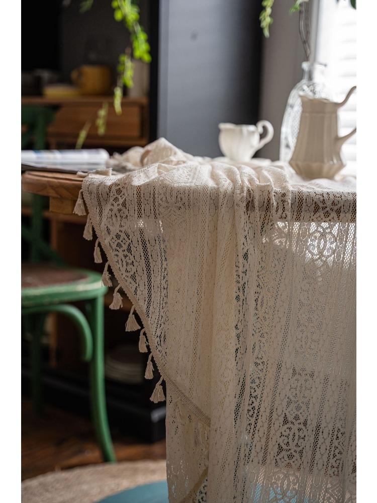 American Country Style Vintage Crochet Hollow Tablecloth, Rice White Crochet Plaid Pattern Decorative Tablecloth Suitable for Home Decoration, Picnic