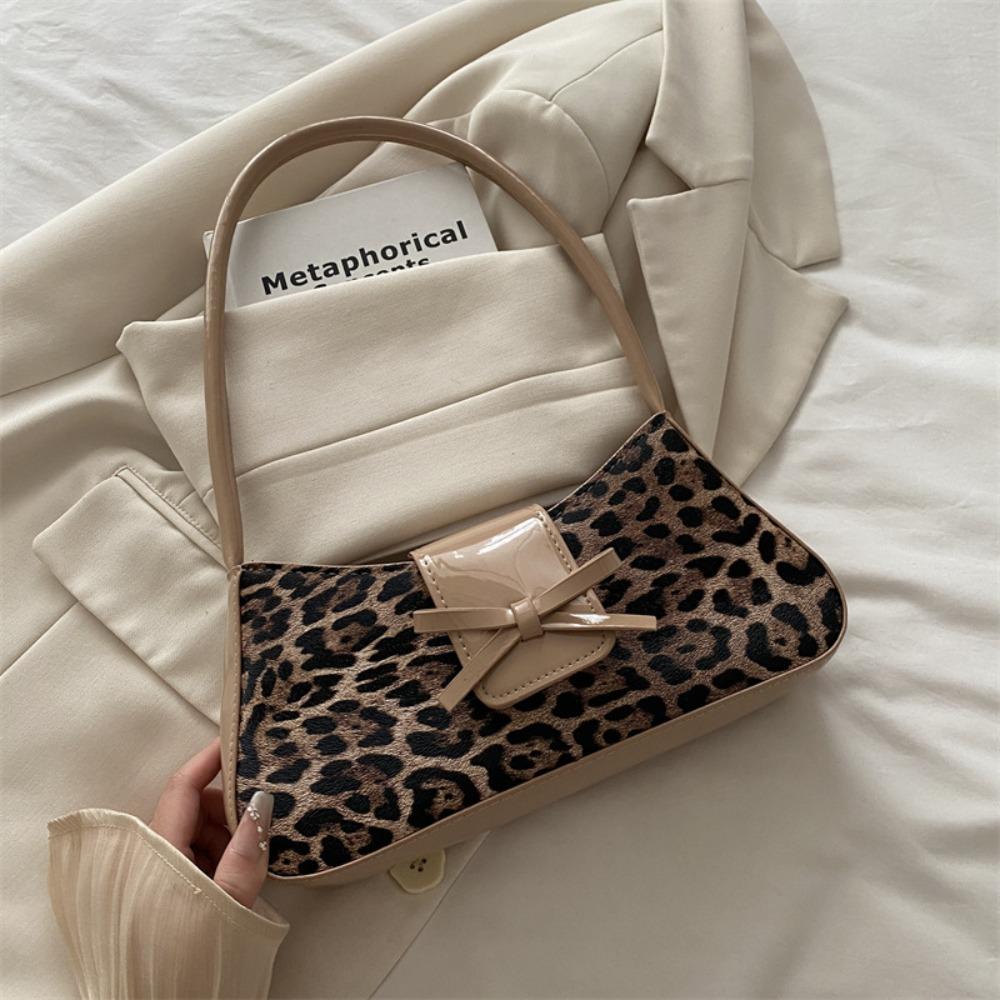 Versatile Large Capacity Underarm Bag Leopard Print Bowknot Design Handbag PU Leather Minimalist Armpit Bag Casual Wear