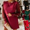Spring Women's Dress, Solid Color Crew Neck Sheer Mesh Panel Long Sleeve Short Mini Dress, European American Style Crossborder Women's Apparel