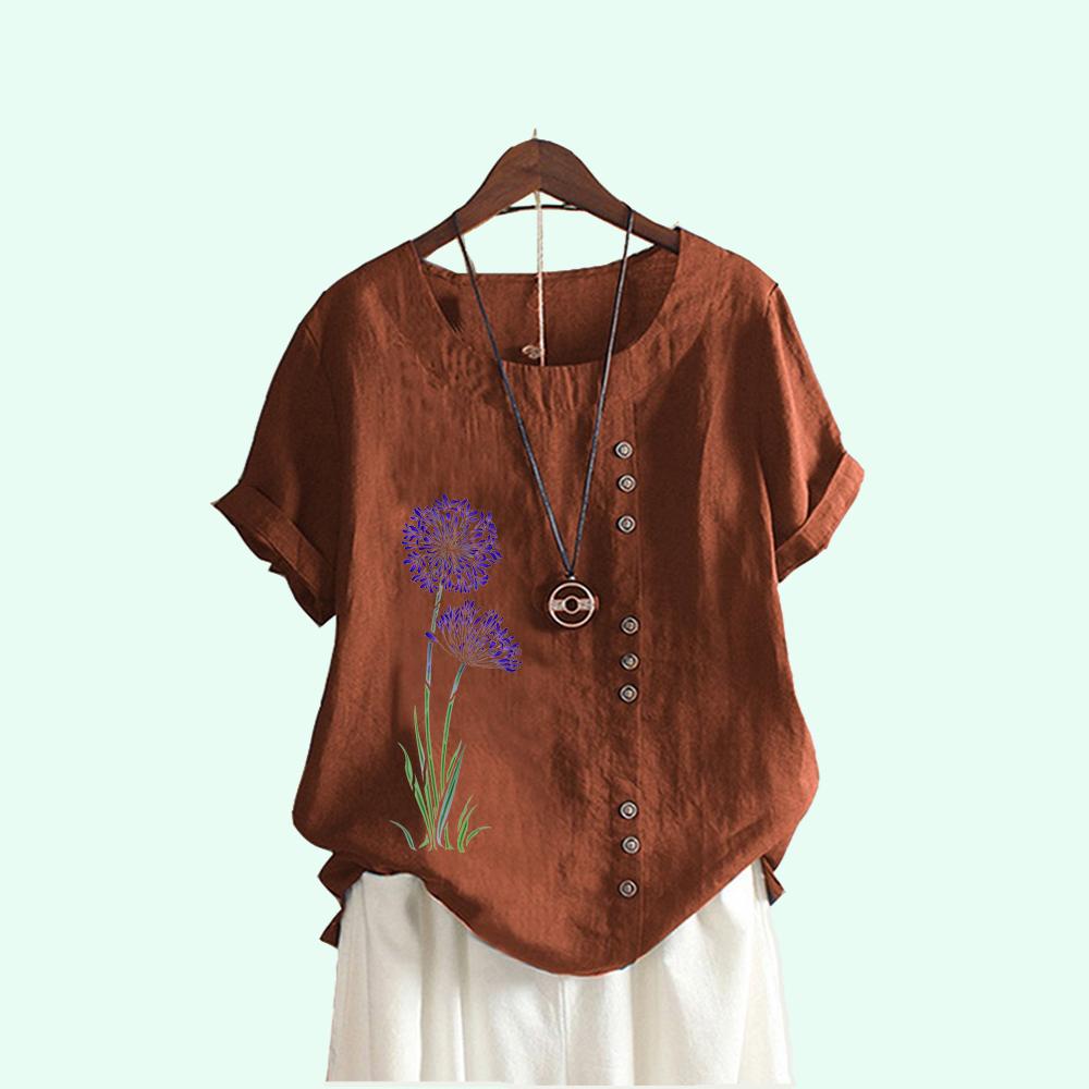 

Женские повседневные блузки с цветочным принтом и круглым вырезом, летние пуловеры с короткими рукавами и свободные футболки больших размеров S коричневый