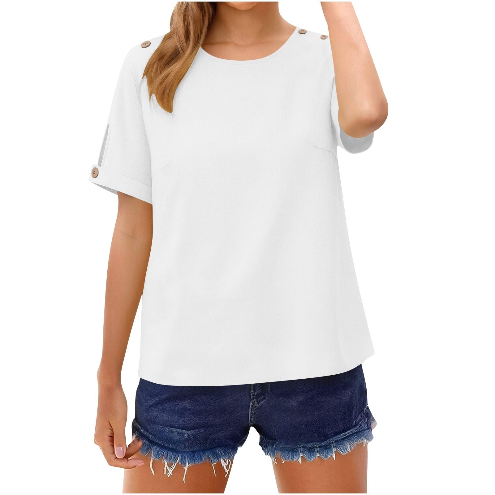 

Women Cotton Linen T-Shirt Fashion Front Pleat Short Sleeve Loose Blouse Top XL білий