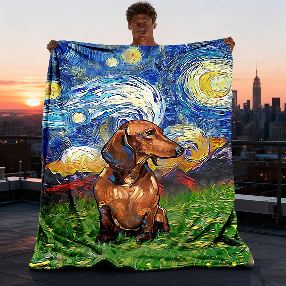 1pc Starry Night Dog Print Outdoor Soft Polyester Flannel Throw Blanket Versatile for All Seasons , Soft , Cozy , Warm All Season Quilted Throw ,