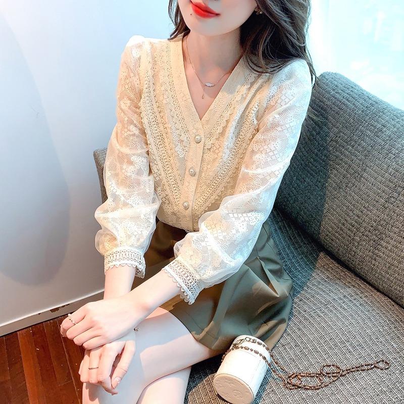 

Элегантные женские блузки и топы с V-образным вырезом и рукавами-фонариками, модные новые винтажные тонкие цветочные кружевные рубашки для женщин, однотонные повседневные рубашки на пуговицах для женщин 24449 2XL абрикосовый