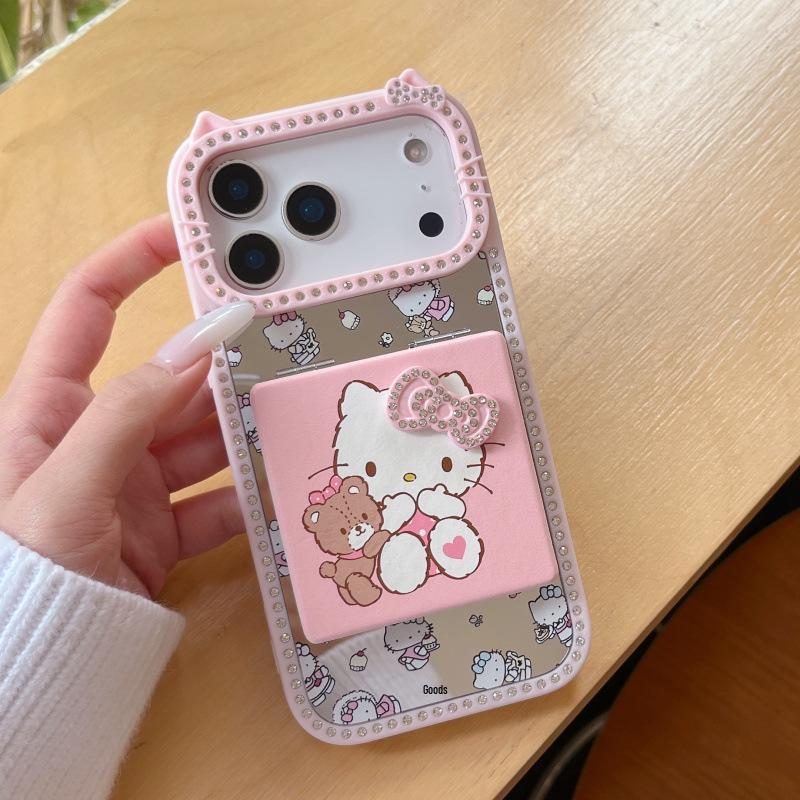 Ins Cute Double-Sided Rhinestone Full Screen KT Makeup Mirror for iPhone 17 Pro Max/16/15 Pro Max Cases.