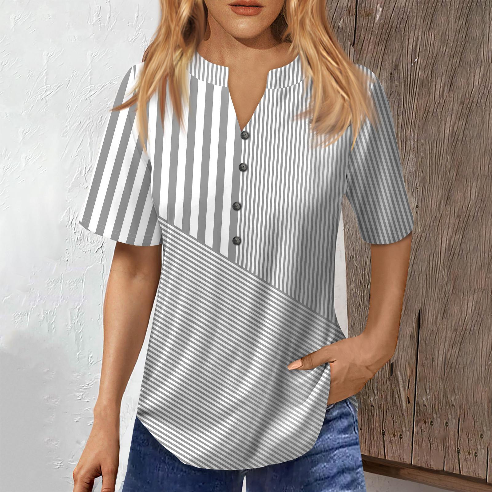 

Модний жіночий вільний літній повсякденний нарядний топ з V-подібним вирізом і ґудзиками з короткими рукавами XXXL сірий колір