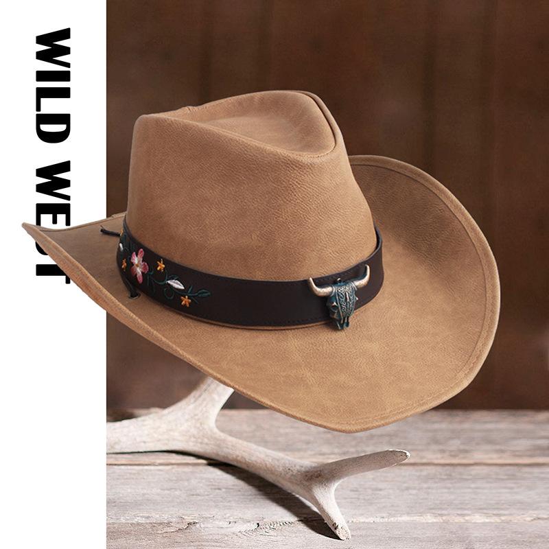 New 100% Leather Men Women Western Cowboy Hat Wide Brim Godfather Hats Gentleman Church Sombrero Hombre Jazz Cap