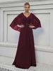 Elegant V-Neck Sequined Evening Gown with Trumpet Sleeves and Embroidered Applique