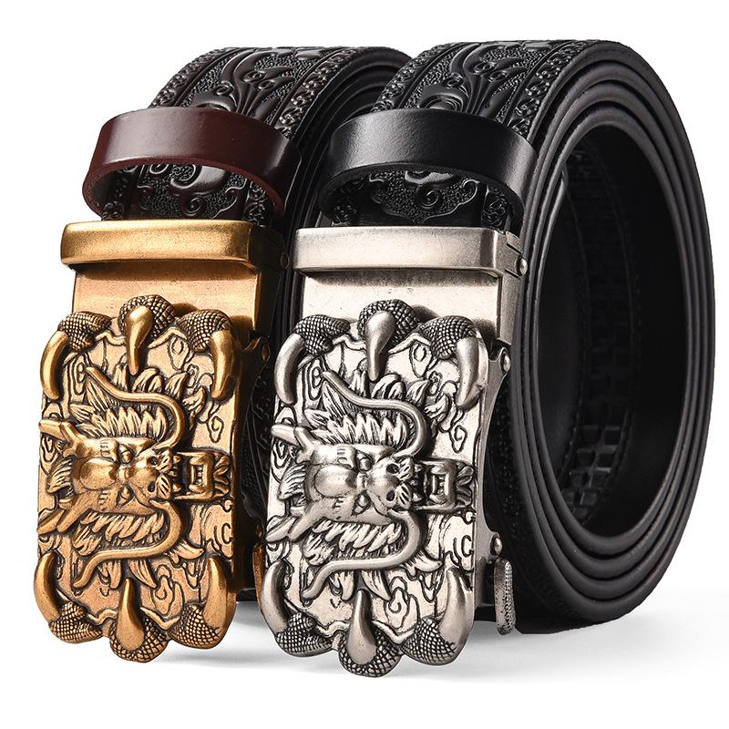 Men's Retro Dragon Head Genuine Leather Belt with Carved Embossed Design