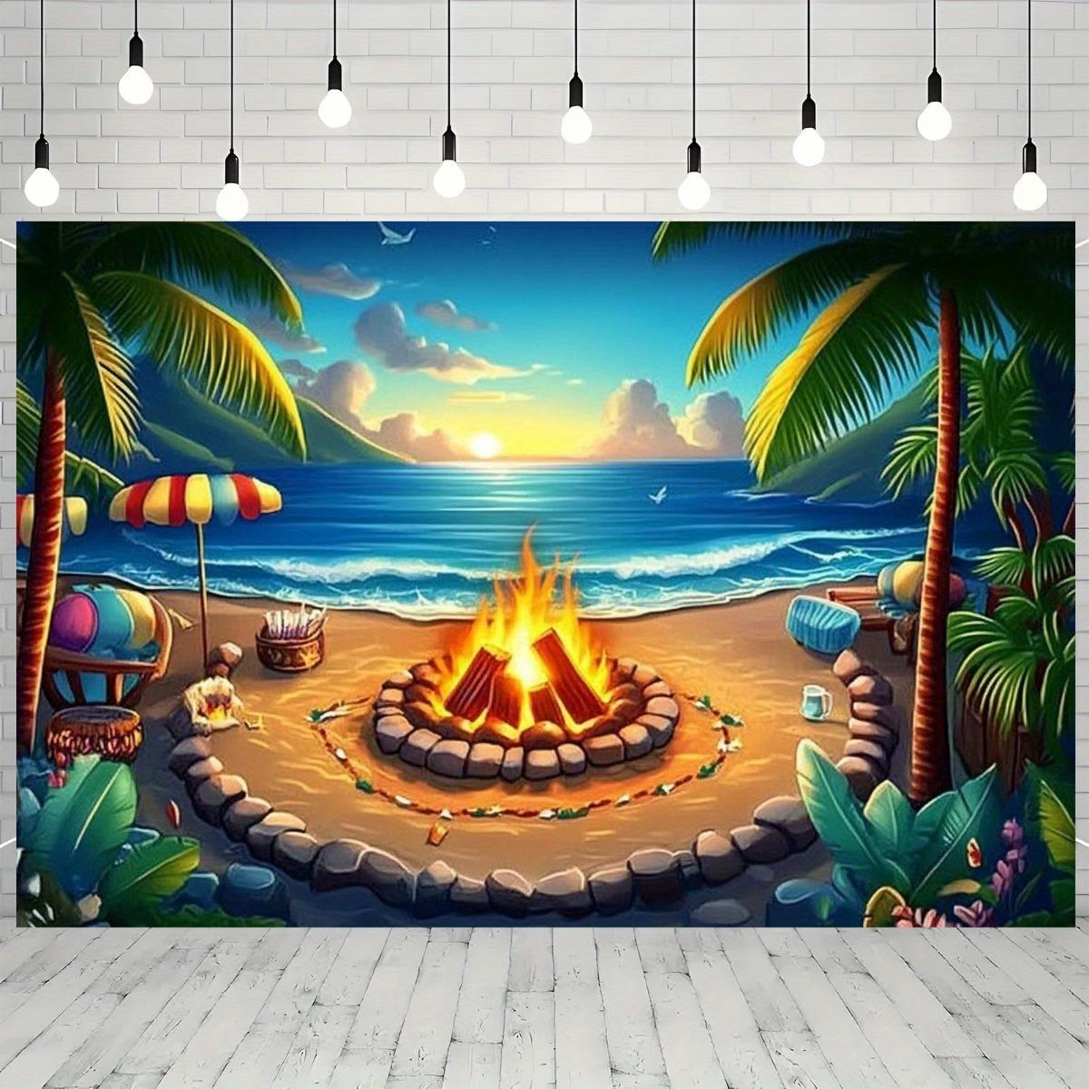Hawaii Beach Campfire Background Cloth - Vibrant tropical sunset photography backdrop, featuring palm trees and waves 100x150cm