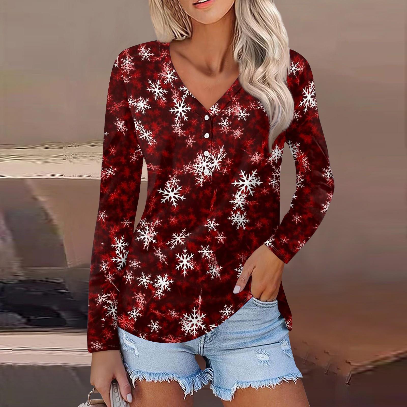 

Женская повседневная мода сексуальный комфорт рождественский принт V-образный вырез пуговицы длинный рукав S