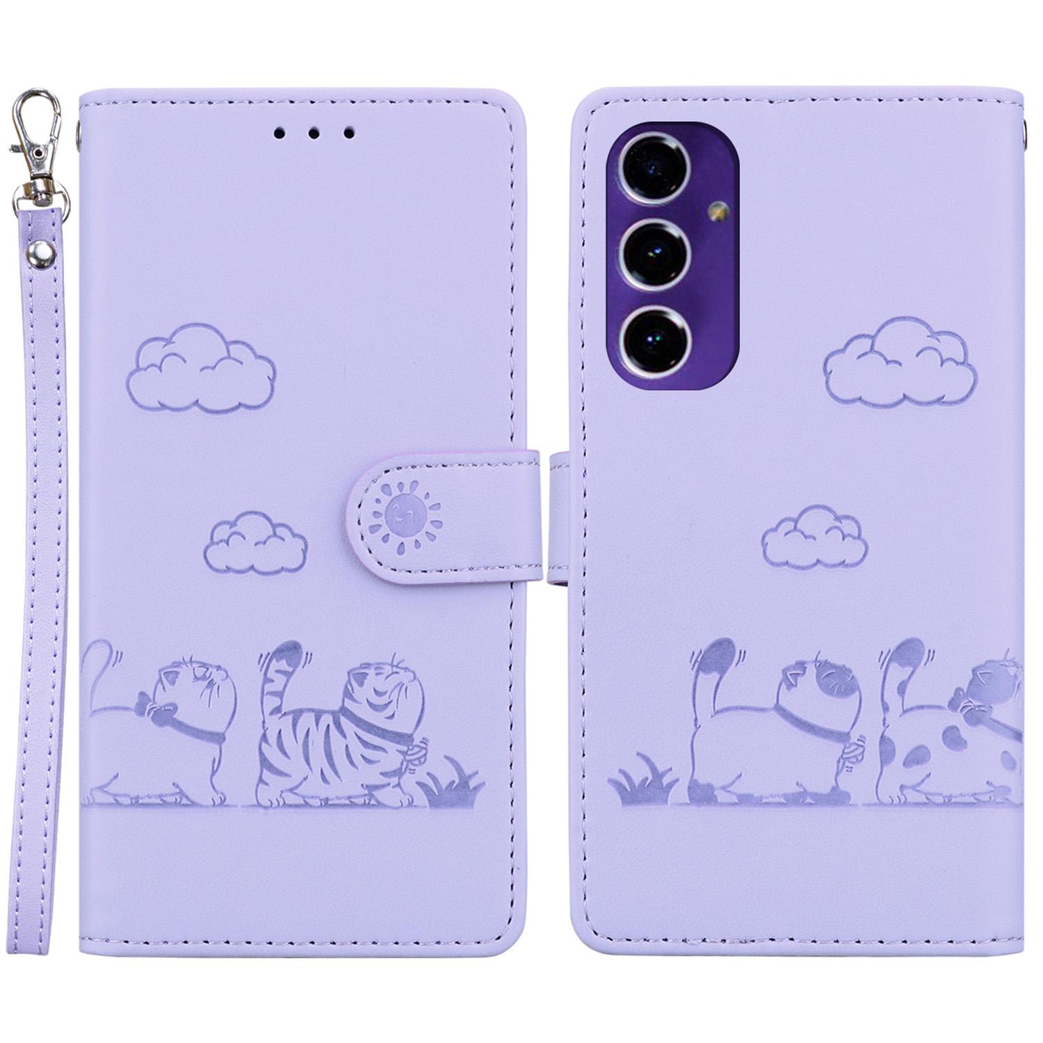

For Samsung Galaxy S24 FE Case RFID Blocking Kitten Pattern TPU+PU Leather Phone Cover Purple