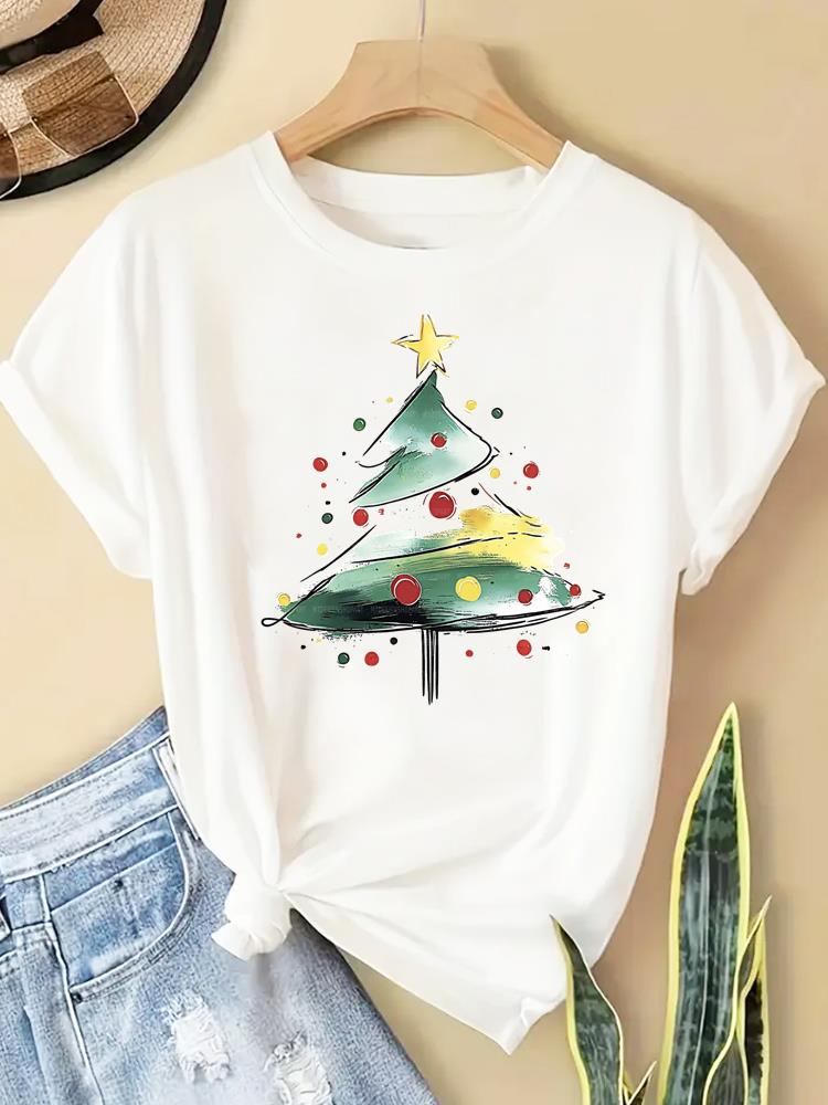 (Asian Size) watercolor letter new year T Clothing Short Sleeve T-shirts  Print merry Christmas o-neck Women's Top Fashion holiday Graphic Tee