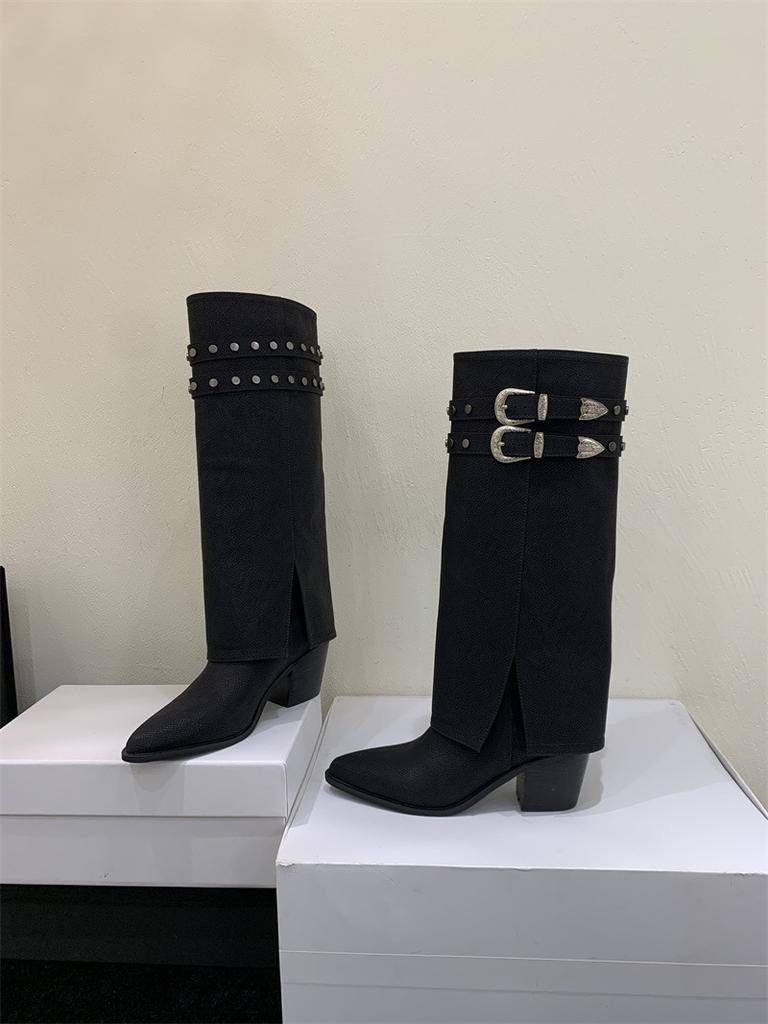 2025 Herbst und Winter neue Retro American Spice Girl Nieten Ritterstiefel Skinny Stiefel Hohe Grobe Absatzstiefel Hose Hosenstiefel Damen