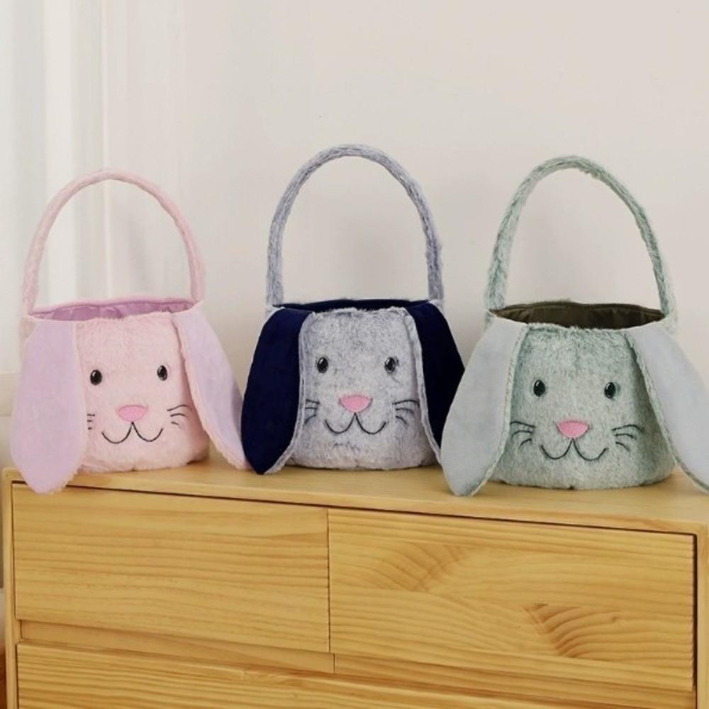 Decorative Basket Bunny Easter Basket Soft Fluffy Long Ear Plush Basket Portable Large Capacity Easter Bucket Easter Egg Hunt