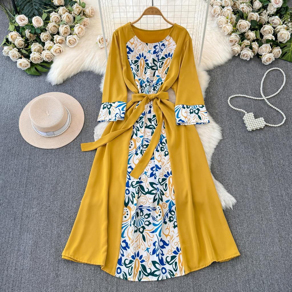 Podzimní Vintage Dámské Tištěné Patchworkové Dlouhé Šaty Elegantní O-Výstřih Vysoký Pas A-Linie Ležérní Maxi Šaty Dámské Sváteční Šaty