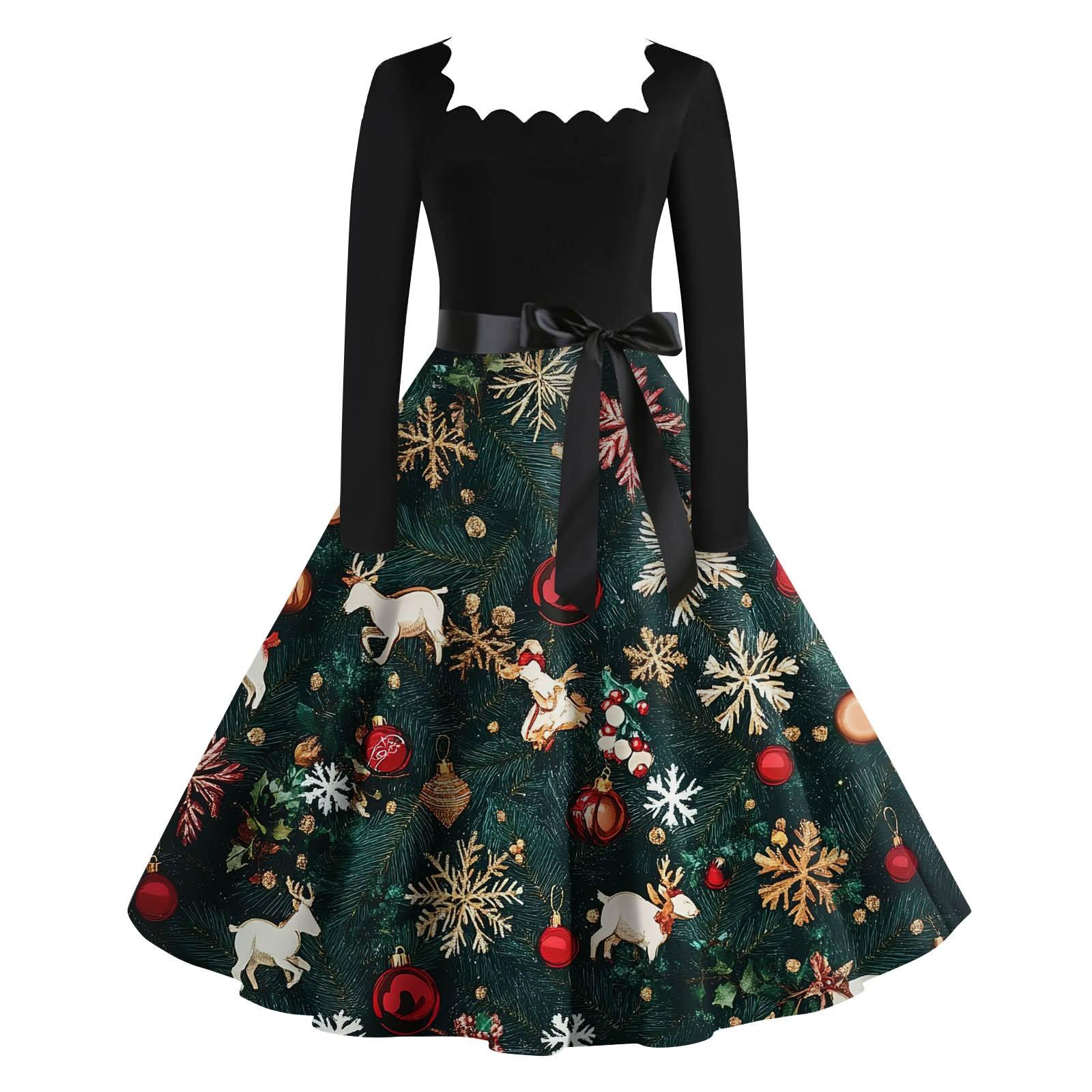 

Женские повседневные модные длинные платья с рождественским графическим принтом и длинными рукавами в винтажном стиле M кофейный