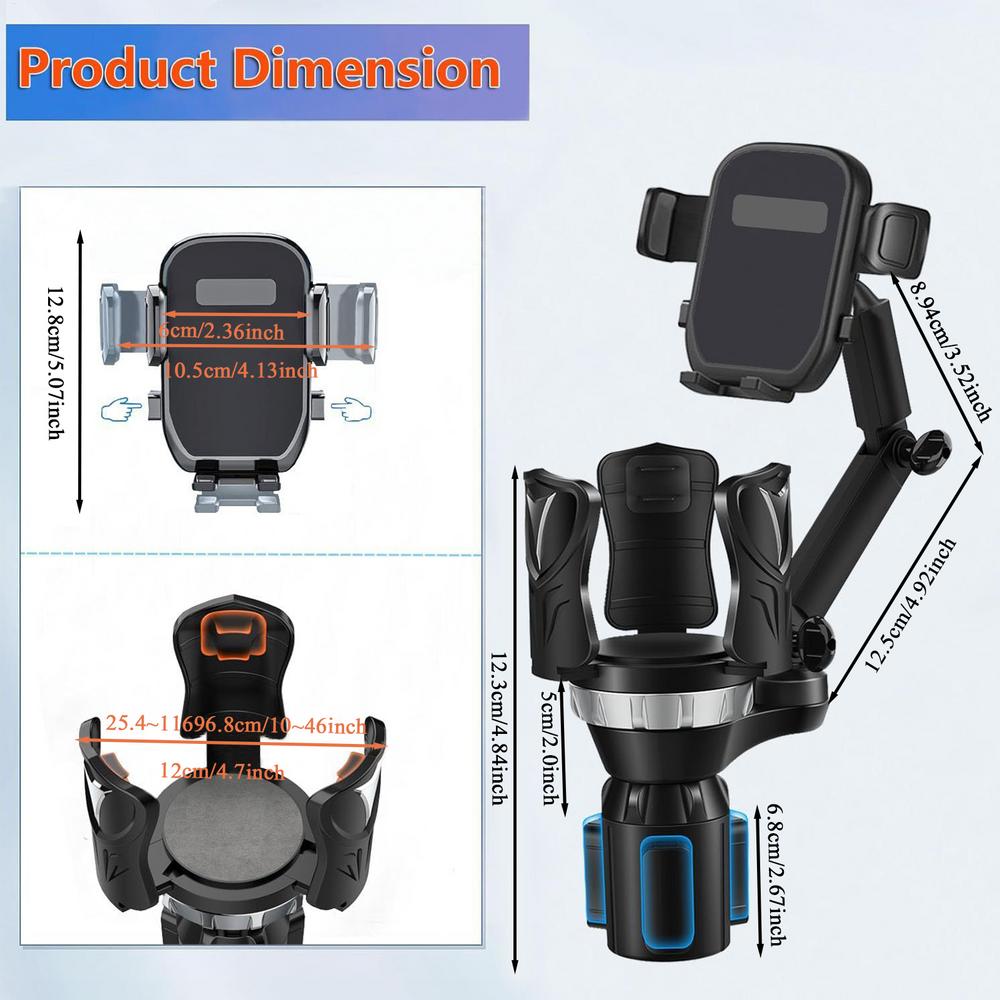 

Автомобильный подстаканник держатель для телефона 2 в 1 адаптер для подстаканника автомобиля расширитель с вращающимся на 360 градусов зажимом для смартфонов и большинства чёрный