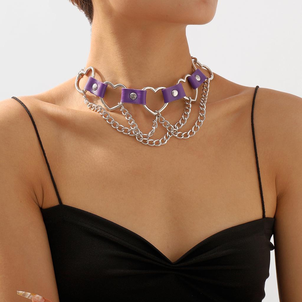 Women Hip Hop Punk Style Exaggerated Necklace Metal Texture PU Heart Jewelry Trendy Cool Personality Clavicle Necklace Jewelry