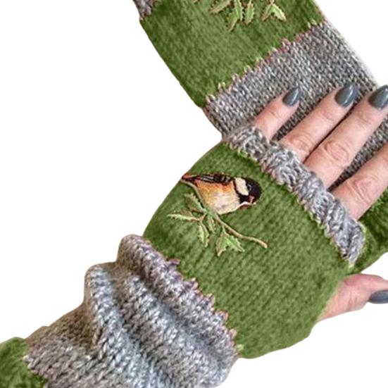 Women Autumn Winter Bird Embroidered Gloves Knit Fingerless Color Block Mitten зелёный