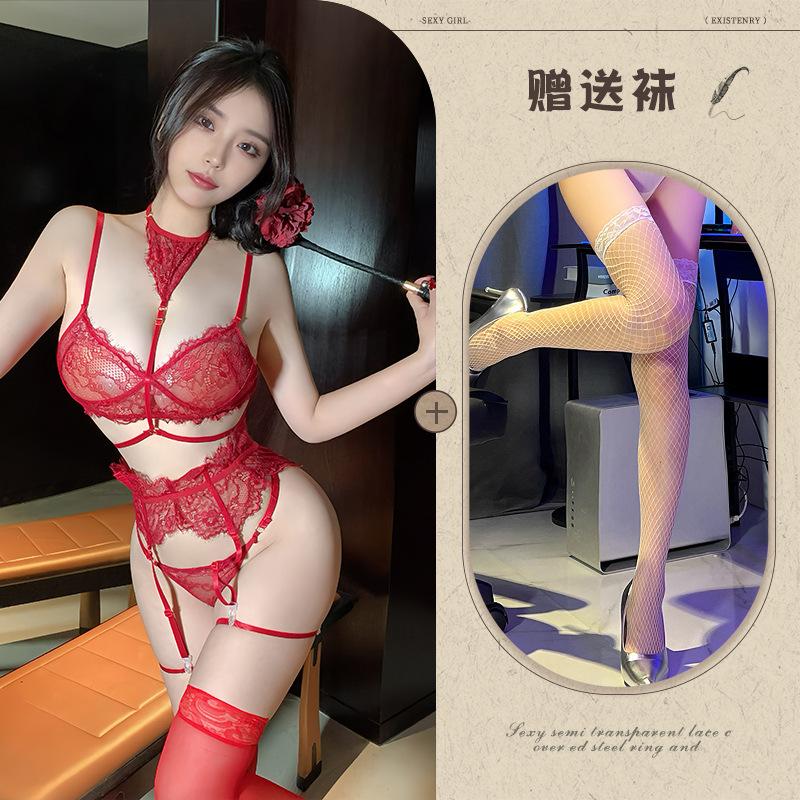 Purple sexy lingerie neck lace lace gathering bra sexy leg ring set