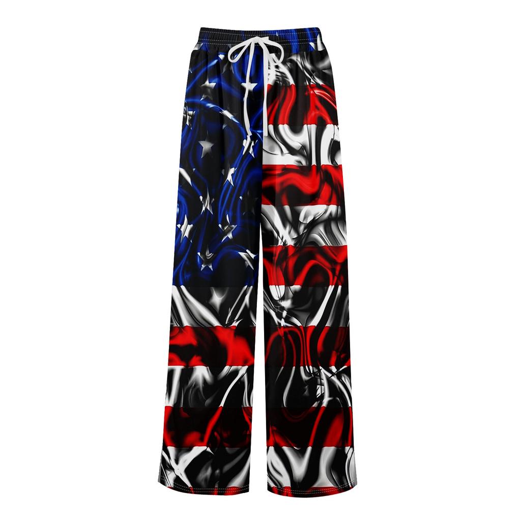 Women Summer Boho Palazzo Pants High Waist Wide Leg Independence Printing Casual Trousers With Pockets