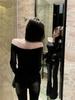 Women's Black Rhinestone One-Shoulder Long-Sleeve Slim Fit T-Shirt