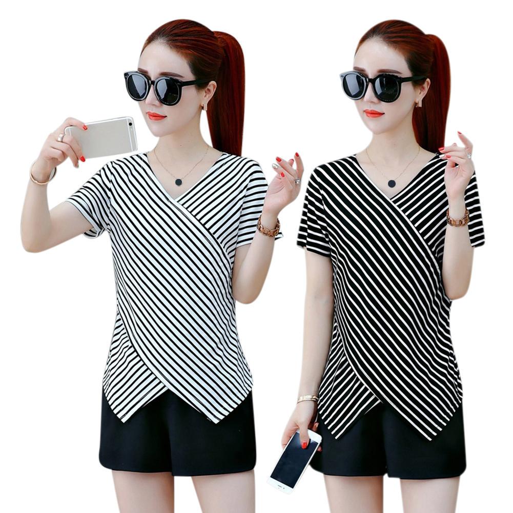 Buy Striped T Shirt Women Summer V-Neck Short Sleeve Irregular Slim ...