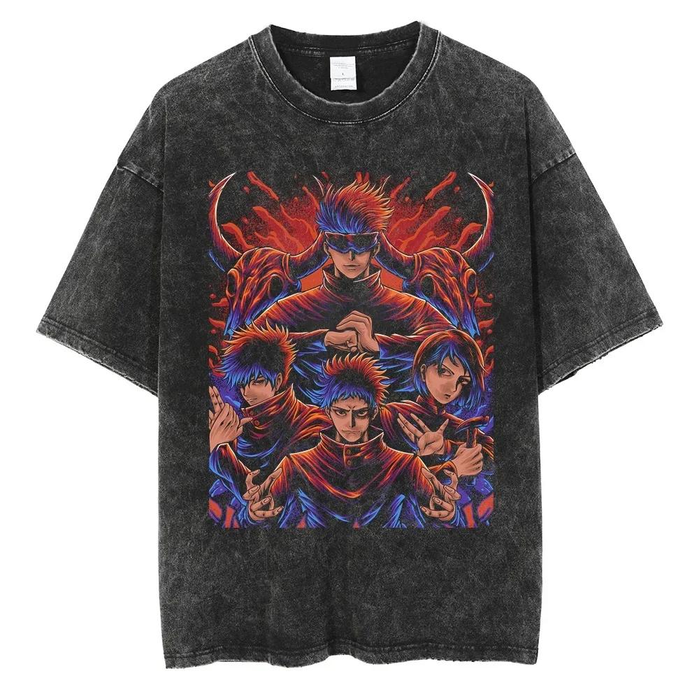 Japanese Anime Jujutsu Kaisen Men Women Oversized Washed T Shirt Streetwear Print Tshirt Casual Cotton Tee Loose Retro T-Shirt