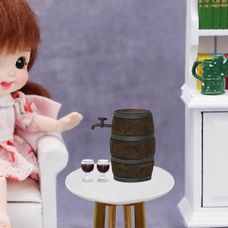 Wooden Wine Barrels and Faucet Wine Glasses for 1/12 Doll House Decoration Miniature Scene Building Furniture Model