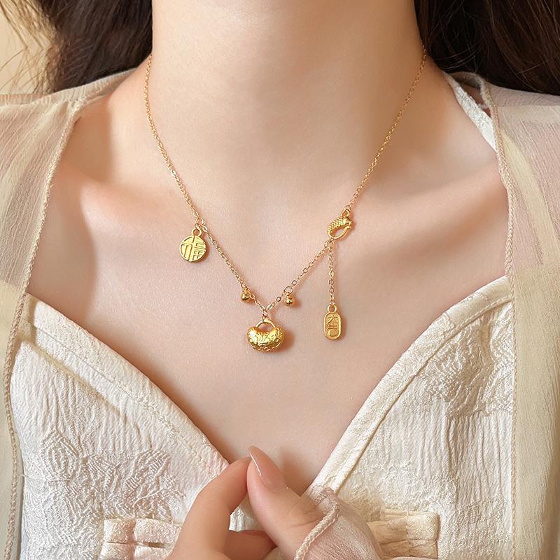 Electroplated carp blessing character safety lock necklace new Chinese niche collarbone chain retro temperament necklace women