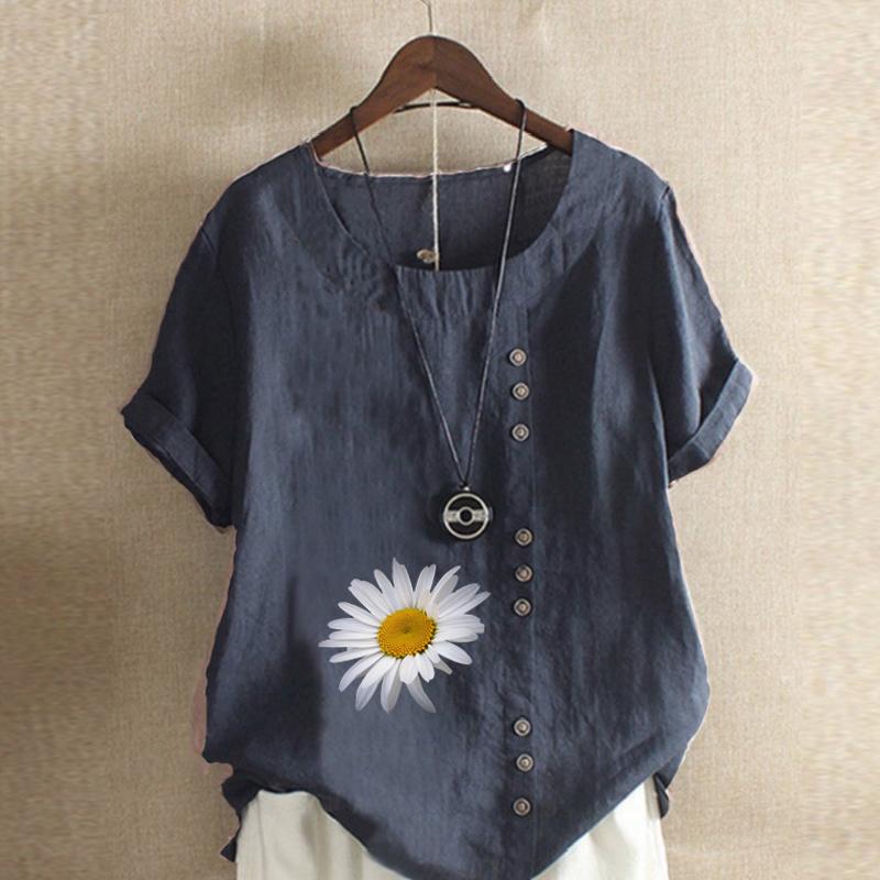 Women's Fashion Round Neck Short Sleeve T-shirt Casual Cotton Linen Graphic Shirt Leisure Loose Flower Prined Summer Blouse Tops