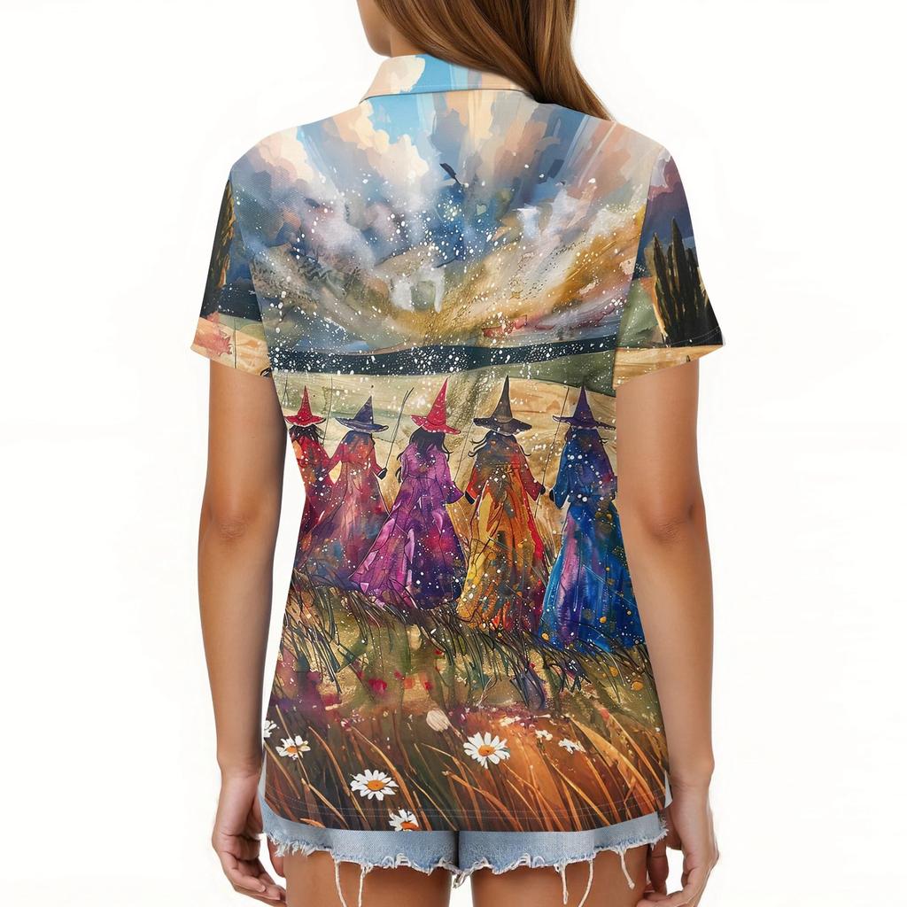 Dámská móda Ležérní klopa Krátký rukáv Halloweenský potisk Košile Dámské zapínací topy