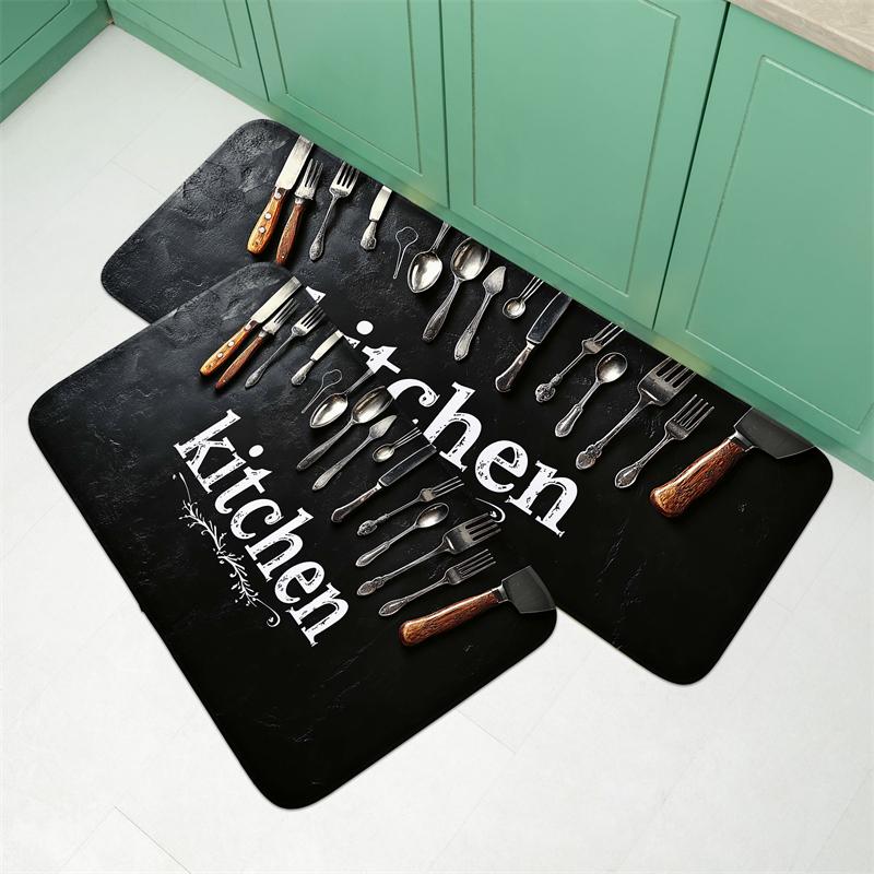 1of tableware pattern flannel kitchen floor mat, entrance door mat, bedroom absorbent door mat, living room floor mat, hand wash