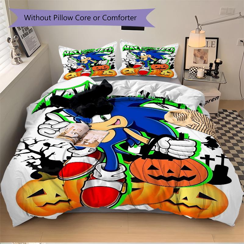 3pcs Halloween Fun with Sonic Quilt Cover Set - Soft and Cozy Bedroom, Guest Room and Dorm Decorative Bedding 3-Piece Set 1 Quilt Cover + 2 Pillo