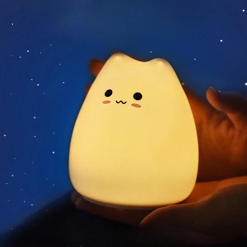 Cute Kitten Shaped Soft Silicone Night Touch Color-changing Light Sleep Light 7-color-changing for Kid Room Bedroom Reading
