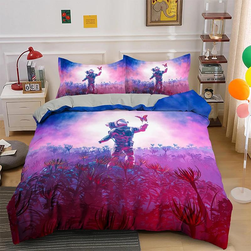 Astronaut King Queen Duvet Cover Space Cycling Bedding Set Cartoon Universe Comforter Cover Galaxy 2/3Pcs Polyester Quilt Cover