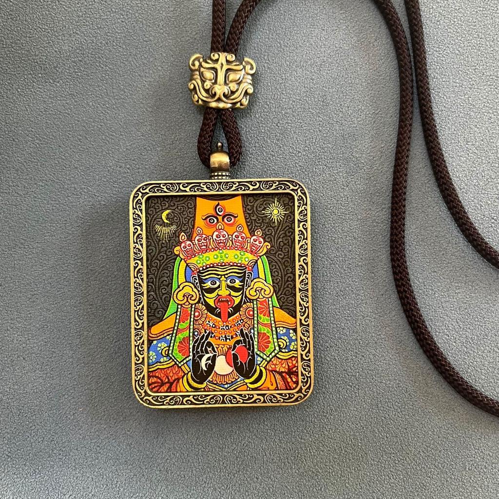 Thangka Pendant Necklace - Yellow & Black Guardian Buddha Amulet