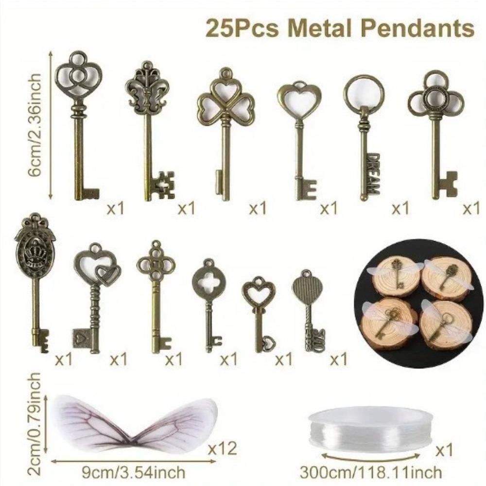 40 Vintage keys, 40 pairs of wings, 30 size crystal thread, wedding party decoration room pendant set