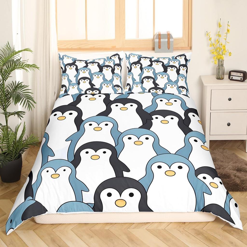 Cute Penguin Comforter Cover King Full Cartoon Animal Duvet Cover Watercolor Painting Bedding Set Antarctic Wildlife Quilt Cover
