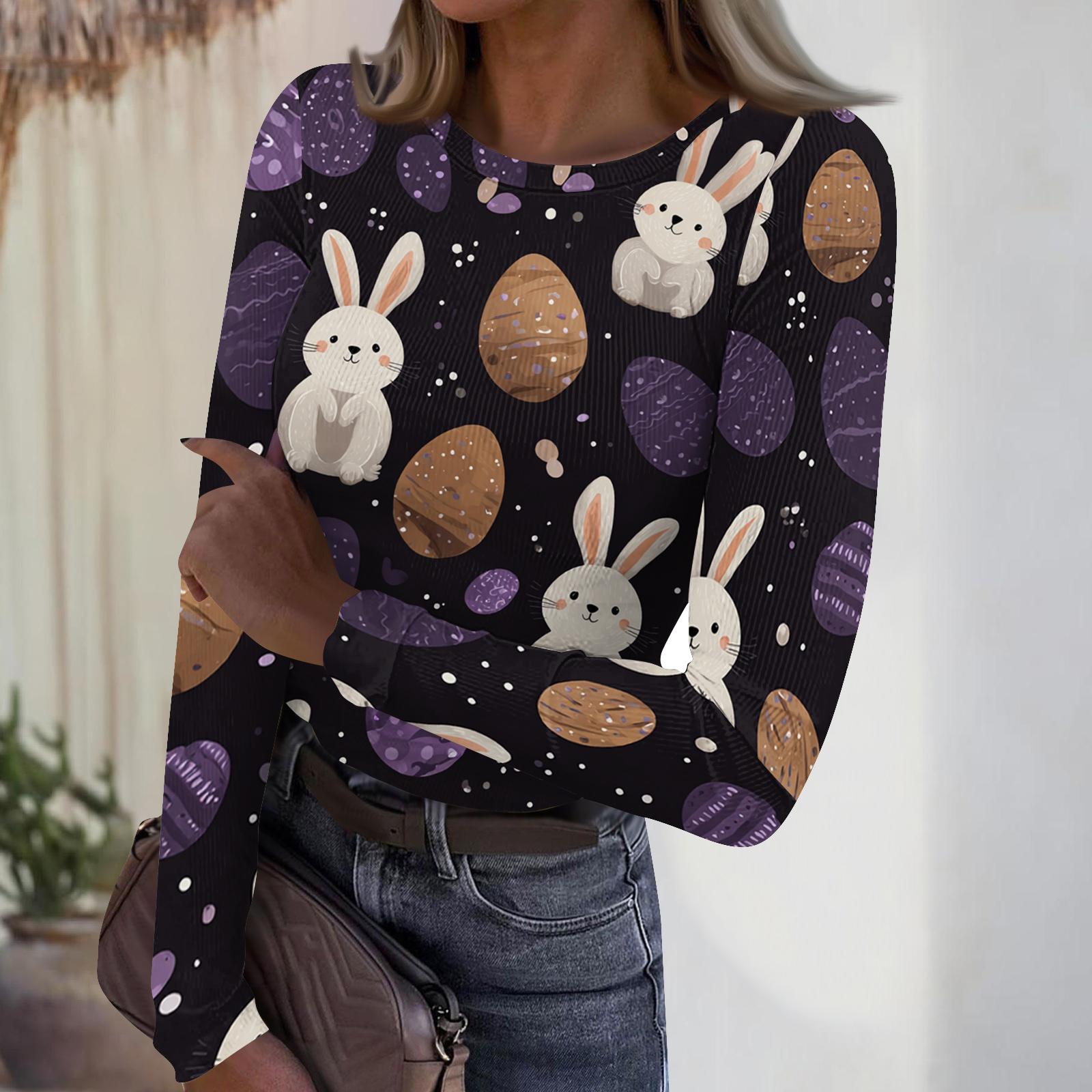 

Women s Casual Fashion Round Neck Easter Print Long Sleeve Ribbed Top M