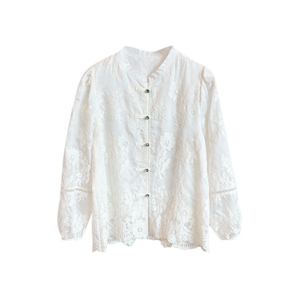 White embroidered shirt women's 2025 early spring new retro button-up annual shirt long-sleeved top