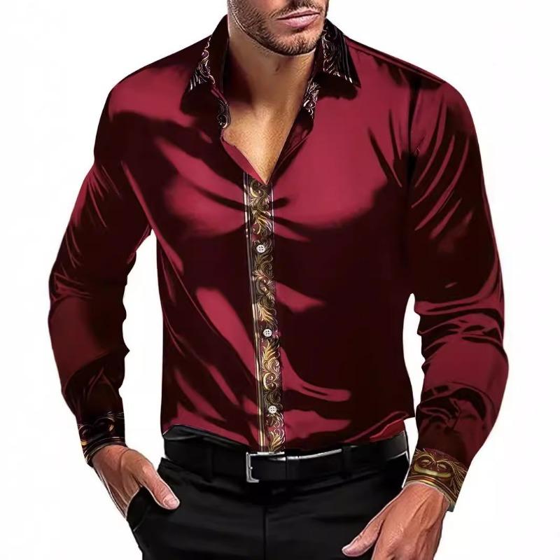 Spring Men's Silk Like Dress Shirt with Gold Baroque Trim Long Sleeve Formal Top