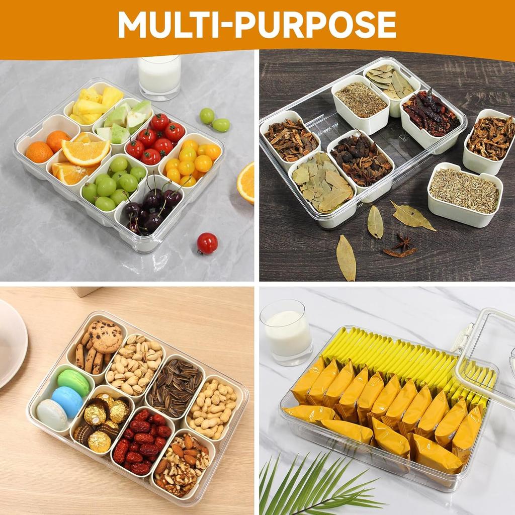 8 Grids Food Divided Serving Tray with Lids Portable Fruits Nuts Candy Spice Refrigerator Storage Box Snack Food Container